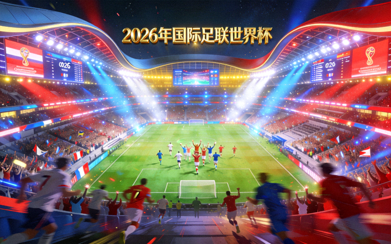 2026年国际足联世界杯概念图 - 宏伟的体育场馆与璀璨灯光下的足球盛宴