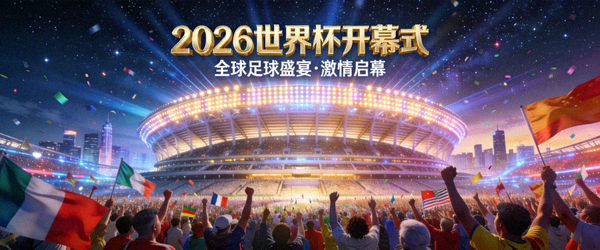 2026世界杯开幕式概念图 - 绚烂灯光下的巨型体育场与欢庆人群