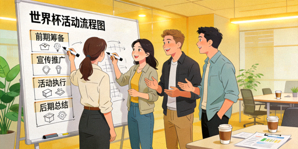 体育策划创意会议 - 团队在白板上绘制世界杯活动流程图