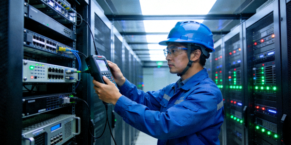 体育技术服务展示 - 工程师在服务器机房检查直播设备